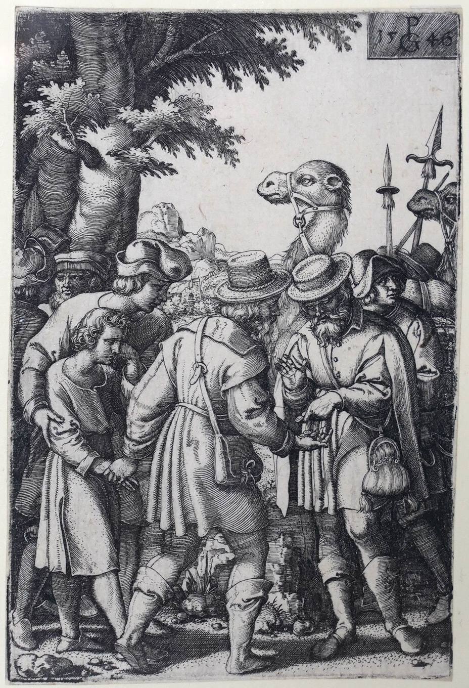 Georg Pencz (German, 1500-1550), Joseph sold to the merchants, original engraving 1546, 10.7 x 7.8cm